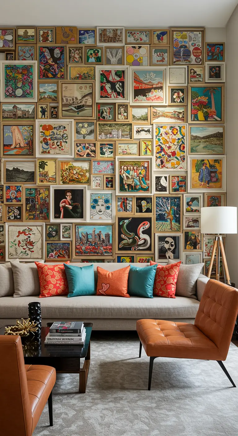 Pared de salón densamente cubierta con una mezcla ecléctica y colorida de diferentes estilos de arte