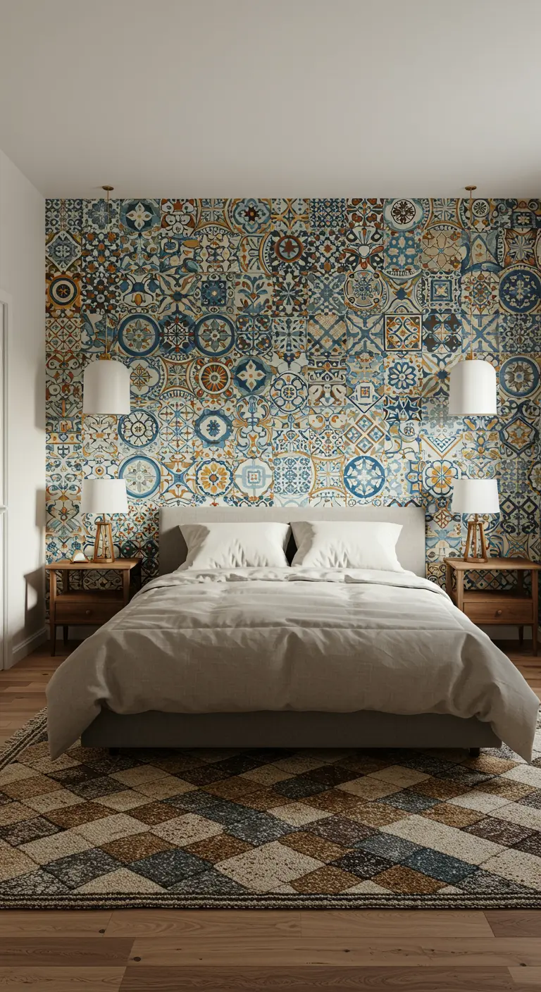 Pared de acento detrás de la cama completamente cubierta con un mosaico de azulejos de talavera.