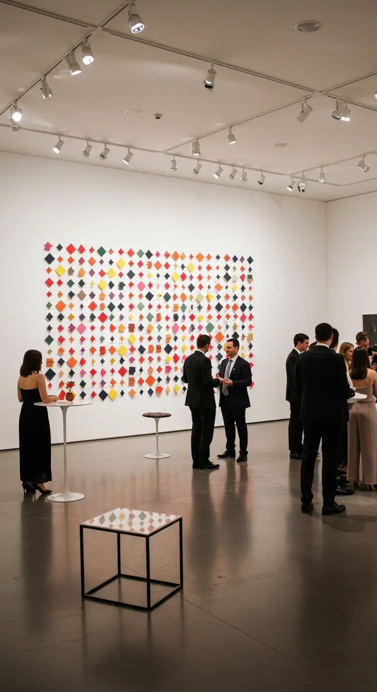 Pared blanca decorada con hileras verticales de rombos de papel multicolor, creando un fondo artístico.