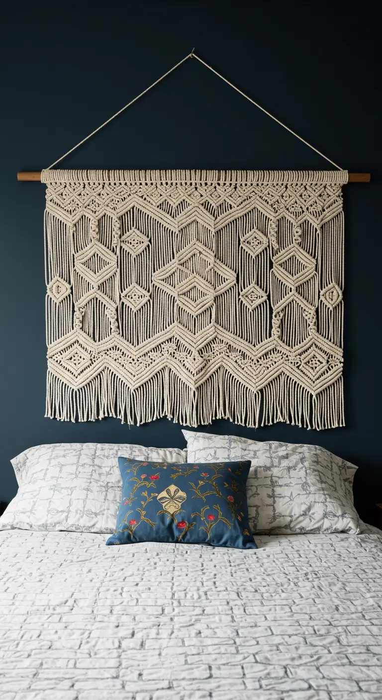 Gran tapiz de macramé con un complejo patrón de rombos anidados, colgado sobre una cama.