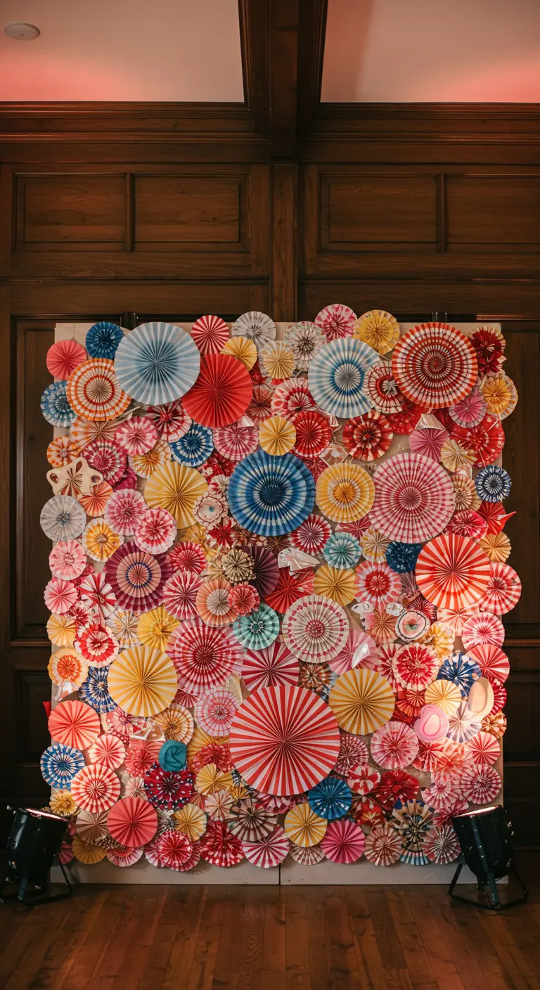 Un gran panel cubierto por completo con rosetones de papel de múltiples colores y patrones.