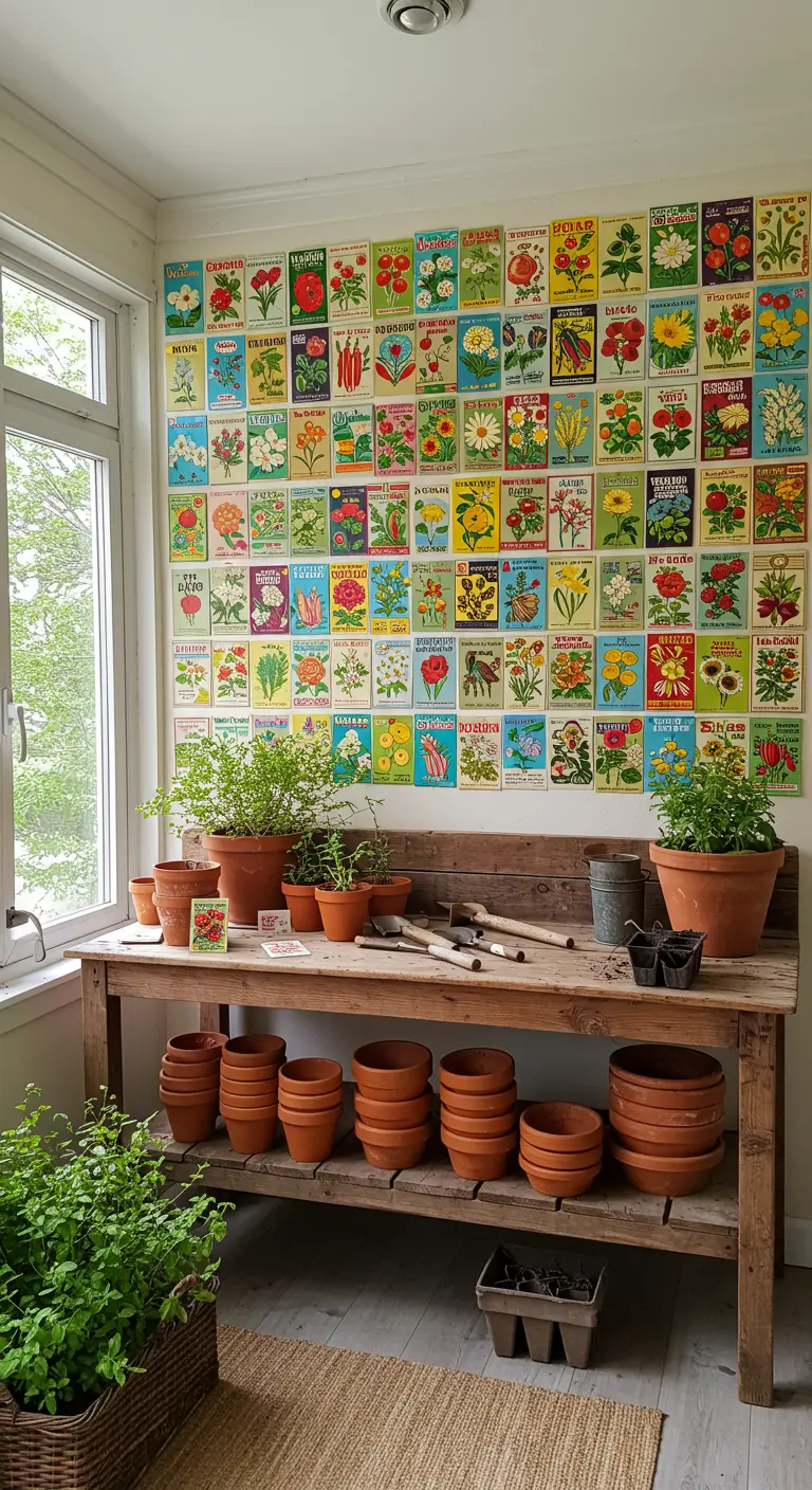 Pared cubierta con un collage de paquetes de semillas de flores vintage sobre una mesa de jardinería.