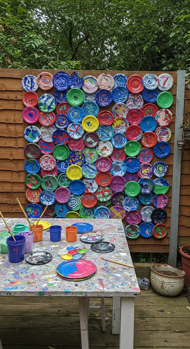 Mosaico colorido hecho con tapas metálicas pintadas y colgadas en una valla de madera.
