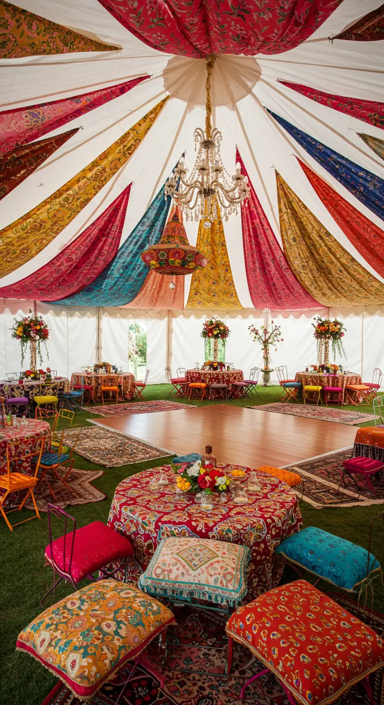 Interior de una carpa de fiesta decorada con paneles de telas indias de múltiples colores y patrones.