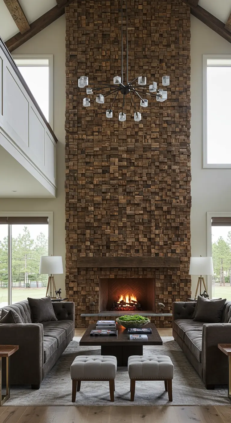 Impresionante chimenea revestida con un mosaico de pequeños bloques de madera.