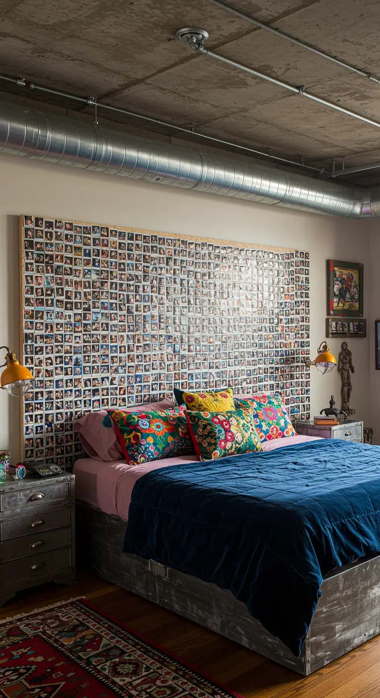 Cabecero de cama gigante hecho con un collage de cientos de fotos polaroid en un dormitorio industrial.