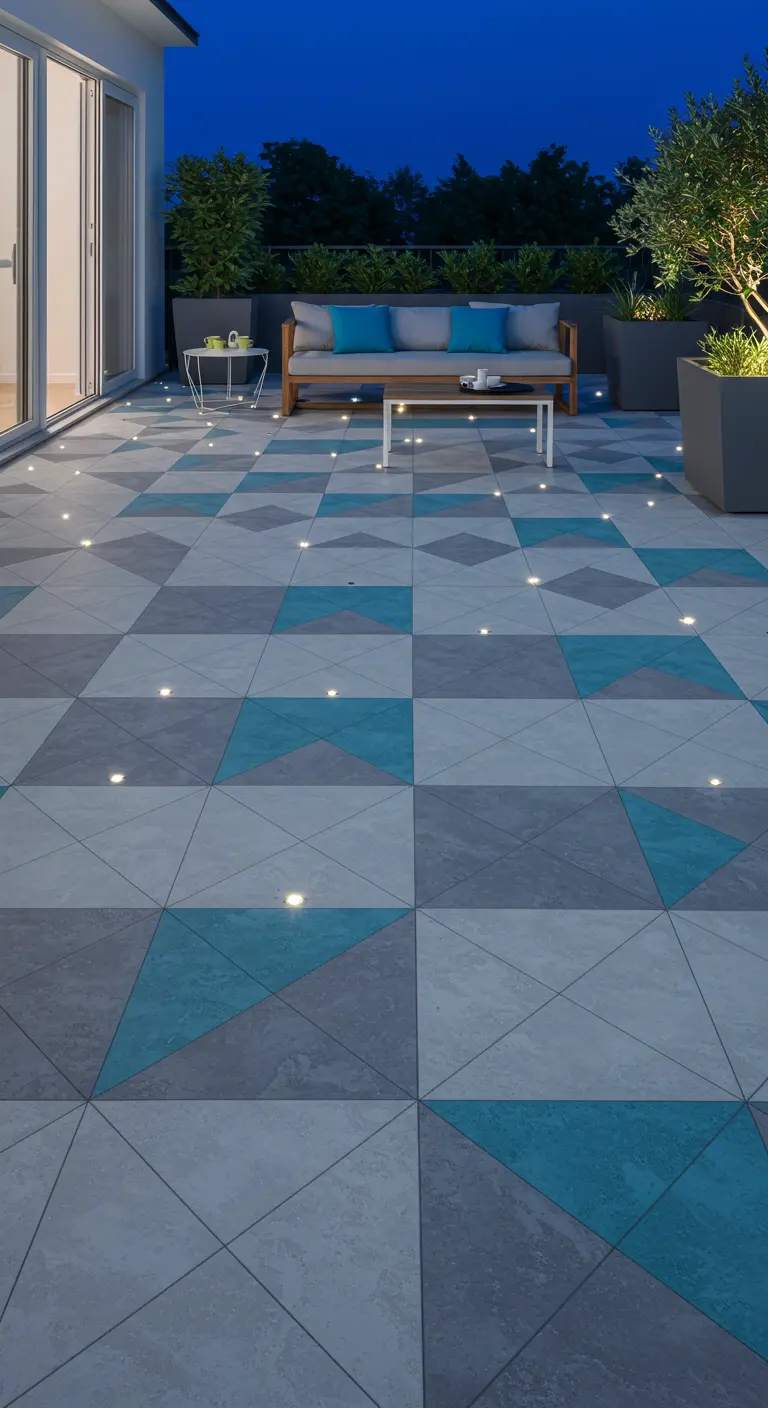 Suelo de baldosas con patrón geométrico en gris y azul, salpicado de pequeños focos de luz.
