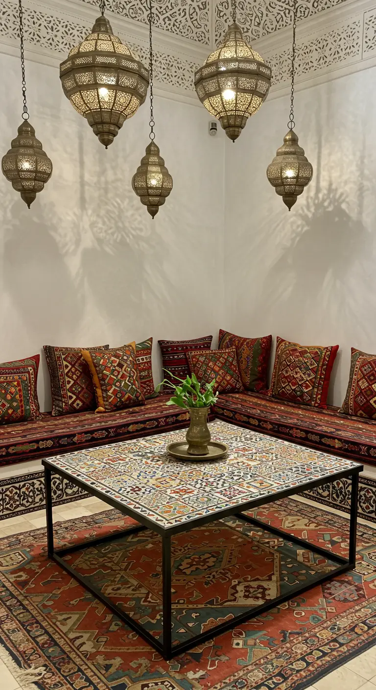Mesa de centro con una base de metal negro y una superficie de mosaico de azulejos de colores.