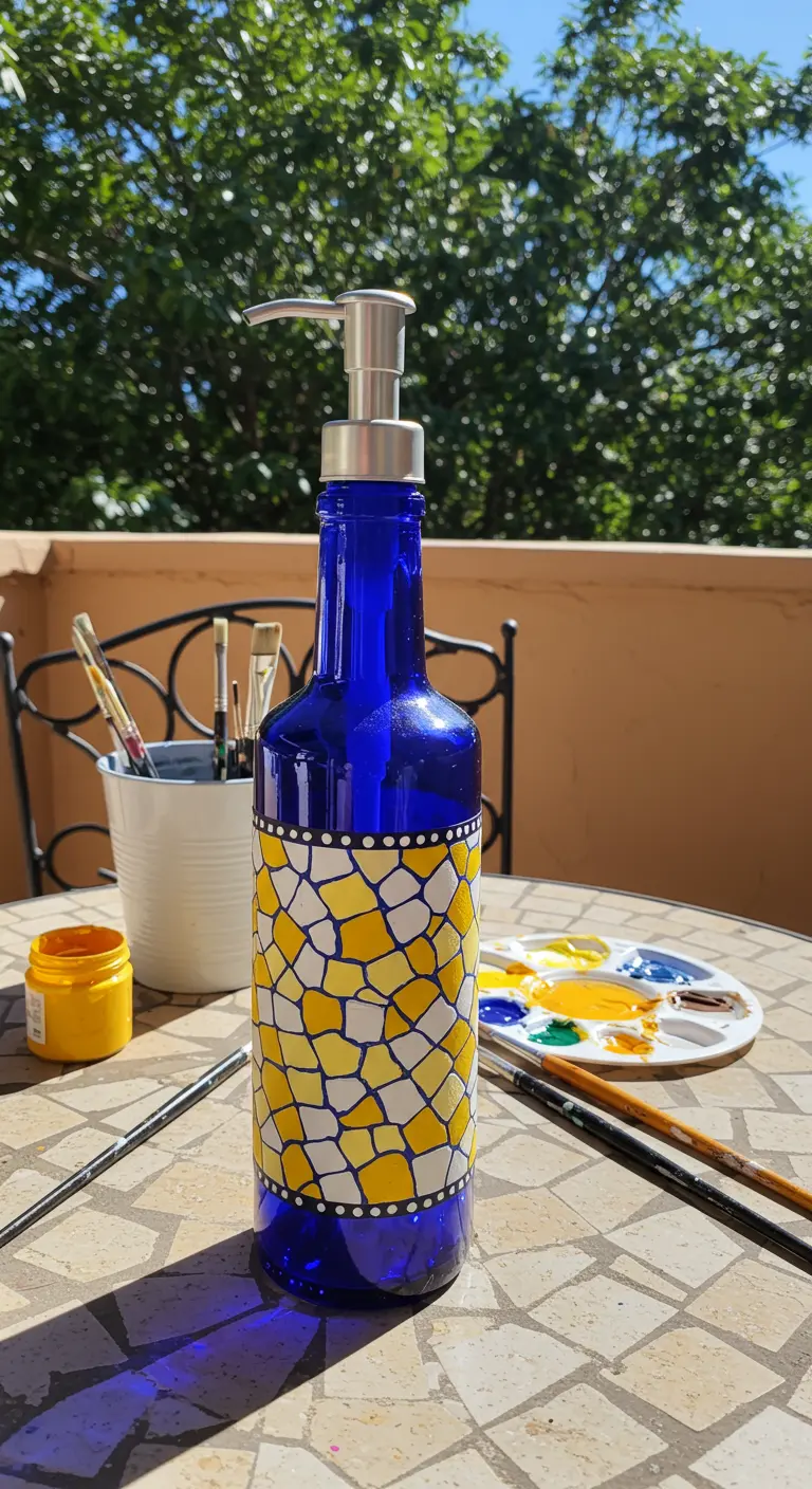 Botella de vidrio azul convertida en dispensador y pintada con un patrón de mosaico amarillo y blanco.
