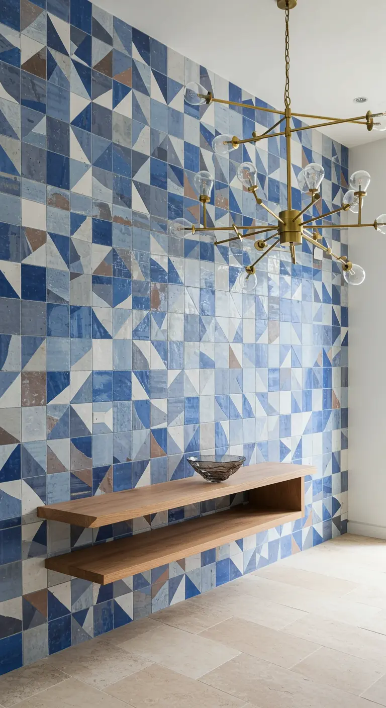 Pared de acento en un recibidor cubierta de azulejos geométricos en tonos azules y tierra.