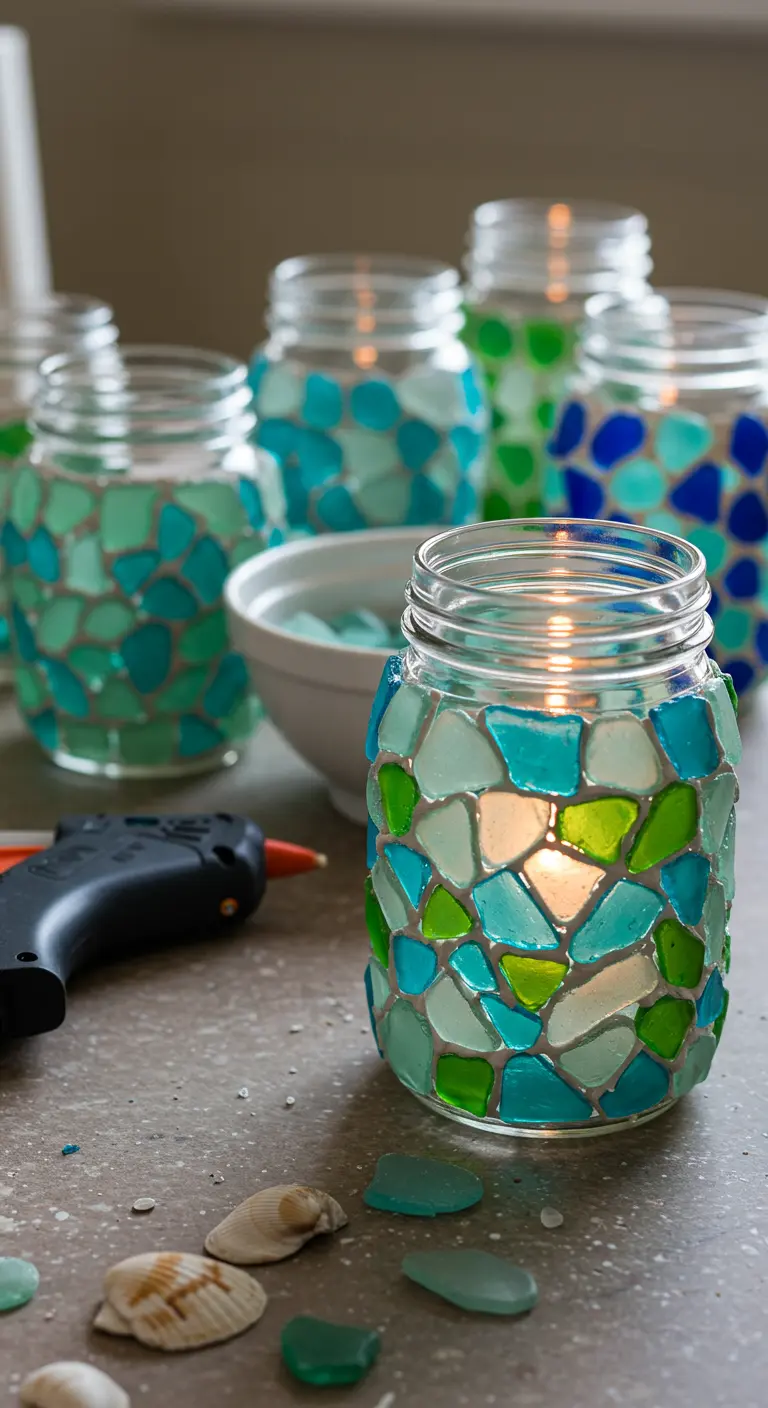 Frasco de vidrio decorado con un mosaico de trozos de vidrio de mar en tonos azules y verdes.
