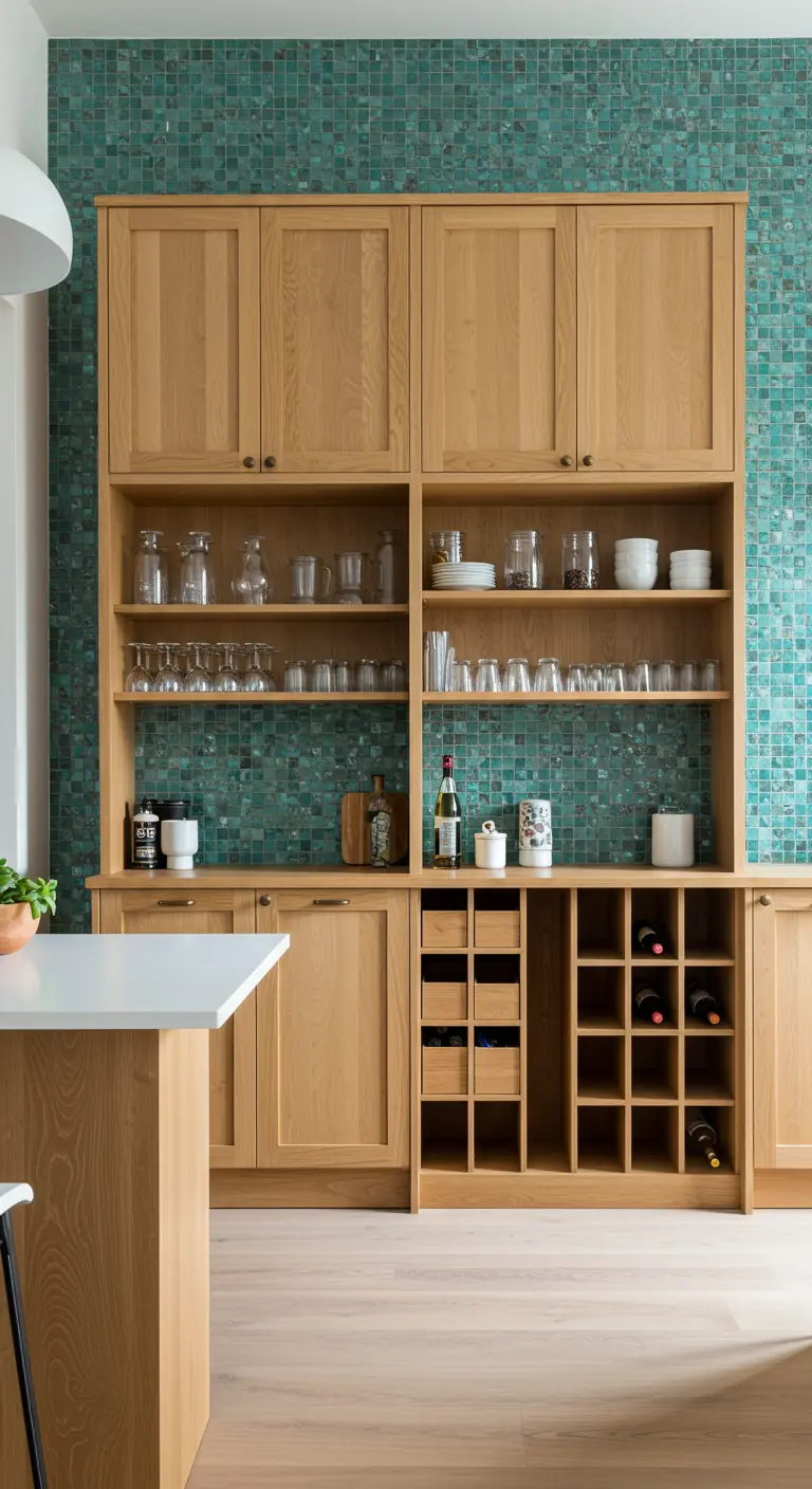 Mueble bar de madera con fondo de mosaico de teselas turquesa y espacio para vinos y copas.