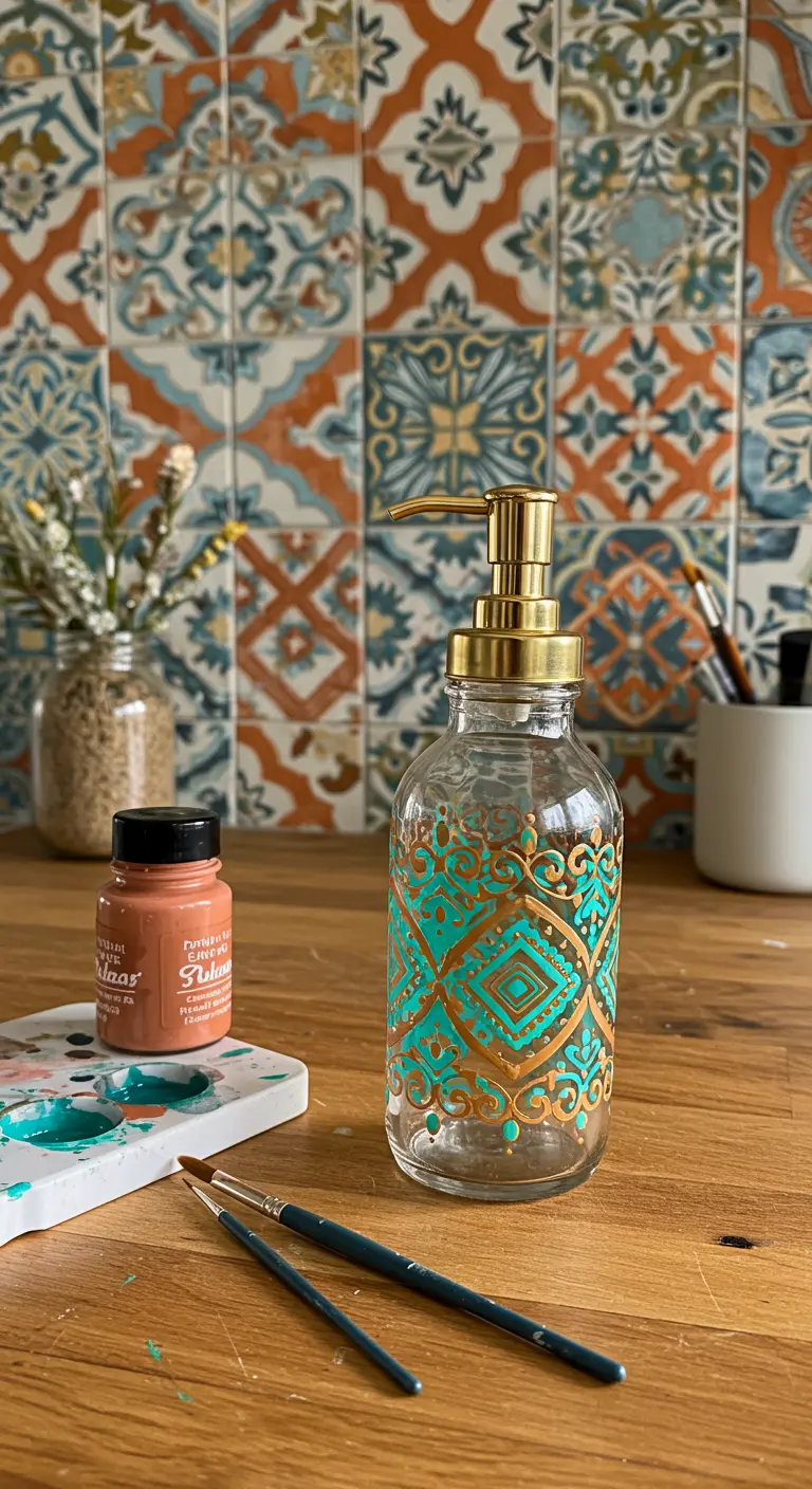 Frasco de vidrio pintado a mano con un patrón de mosaico en turquesa y dorado.