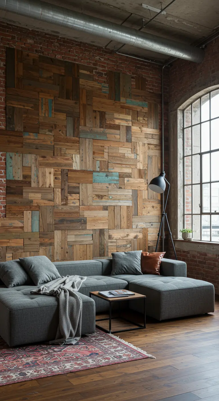 Pared de ladrillo parcialmente cubierta con un mosaico de madera reciclada en un loft industrial.