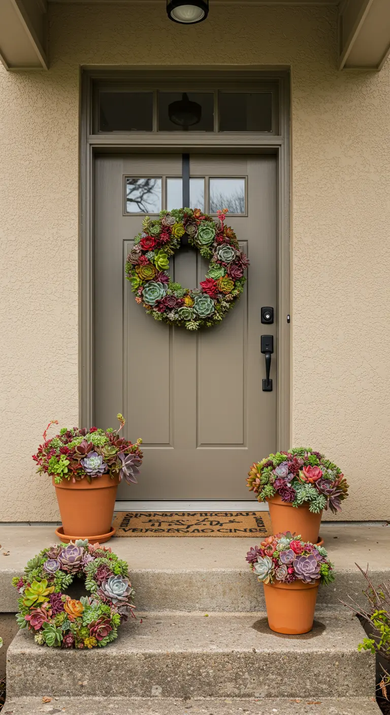 Entrada con una espectacular corona y macetas a juego hechas completamente con suculentas de colores