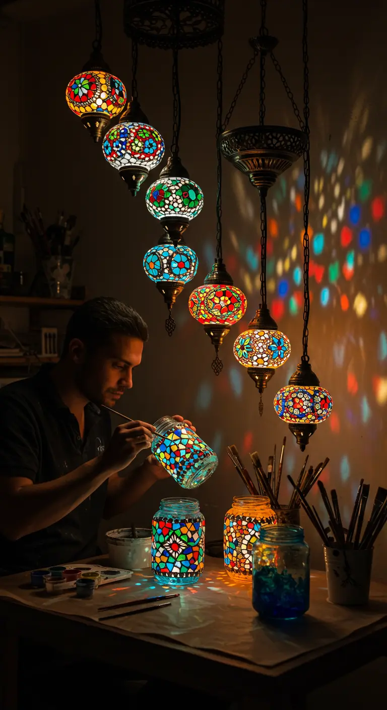 Artista pintando un frasco de vidrio para convertirlo en una lámpara de mosaico de estilo turco.