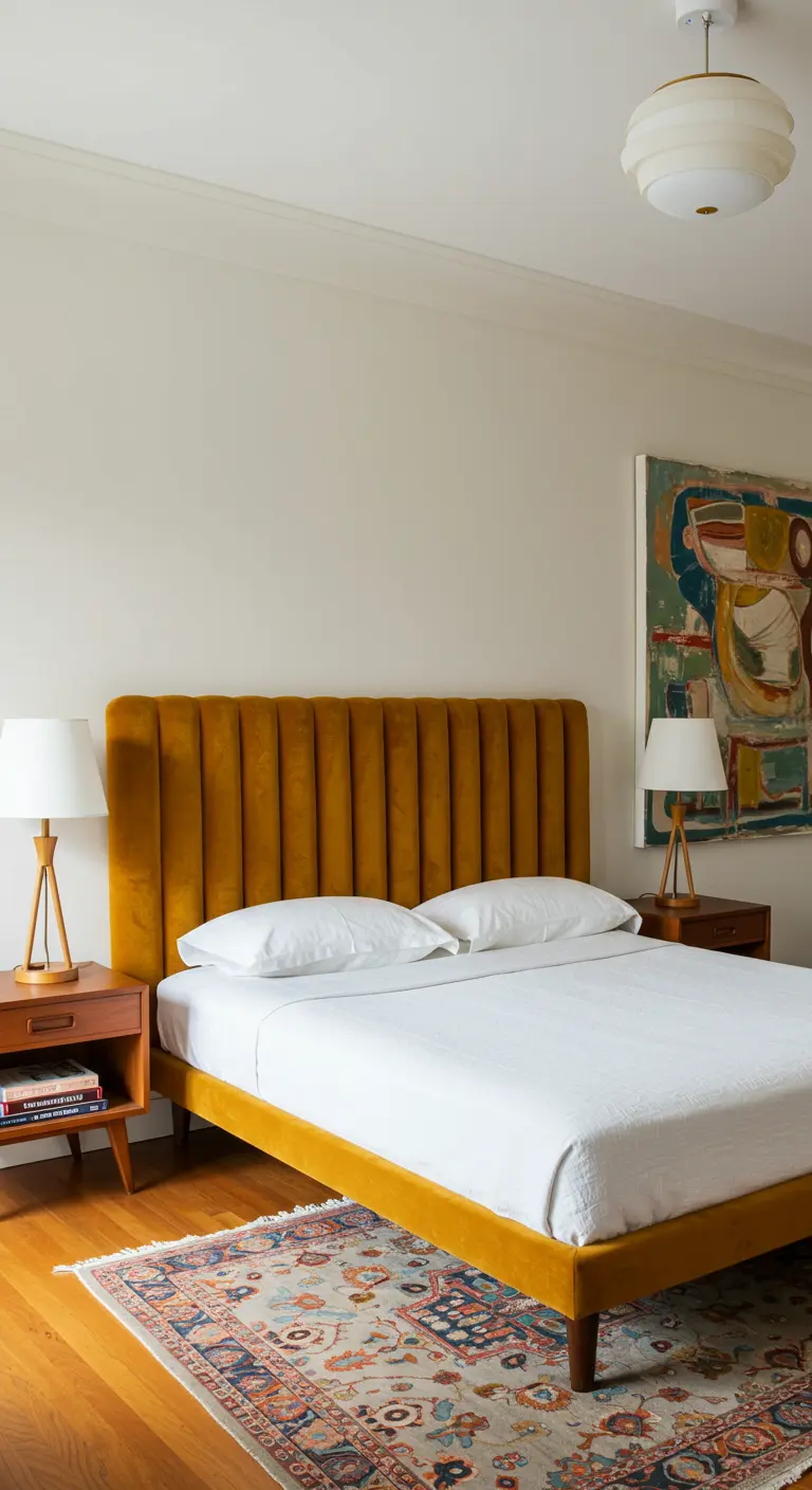 Cabecero tapizado en terciopelo mostaza con un diseño de canales verticales en un dormitorio moderno
