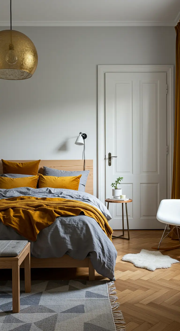 Dormitorio con ropa de cama gris, cojines y manta color mostaza, y una lámpara dorada.