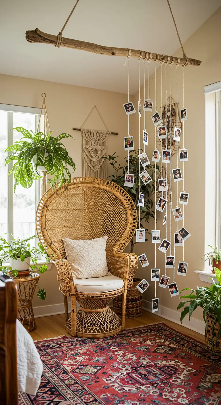 Rincón bohemio con un móvil de fotos colgando de una rama de árbol sobre un sillón de mimbre.