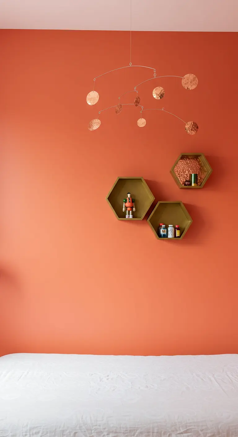 Móvil colgante con discos de cobre sobre una cama blanca con una pared de fondo color coral.