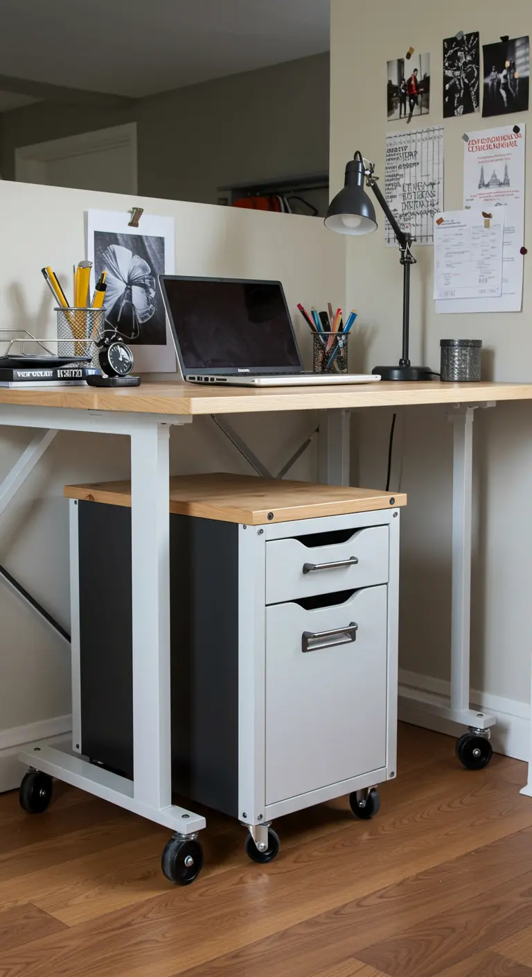 Escritorio blanco con ruedas y un archivador móvil debajo.