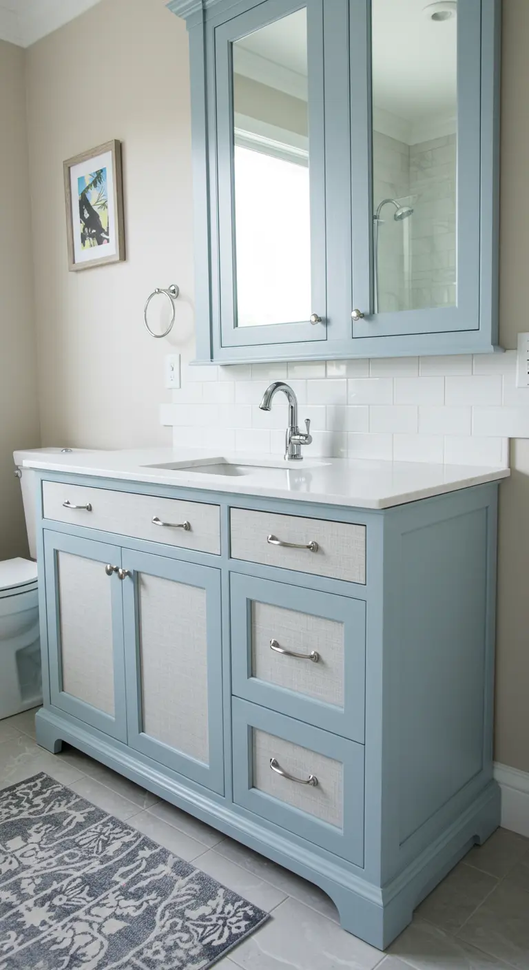 Mueble de baño pintado de azul claro con los paneles de las puertas y cajones forrados en papel texturizado de color beige.