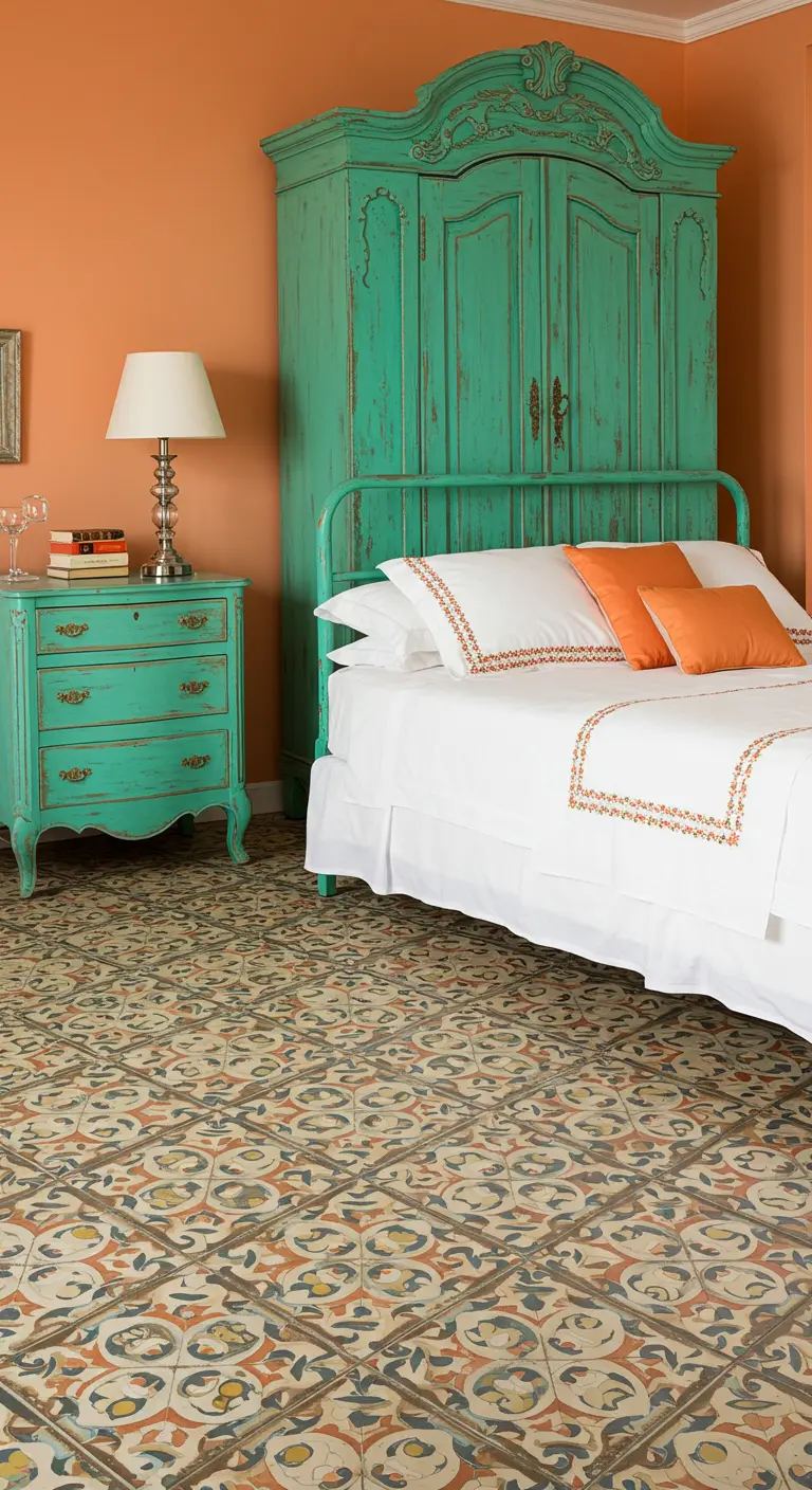 Armario y mesita de noche de estilo vintage pintados en turquesa con acabado desgastado.