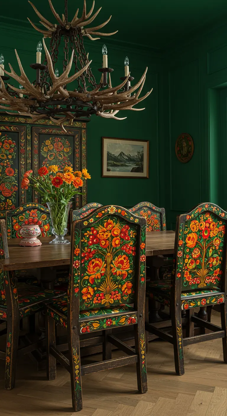 Sillas de madera oscura con respaldos pintados a mano con vibrantes motivos florales de estilo folk.
