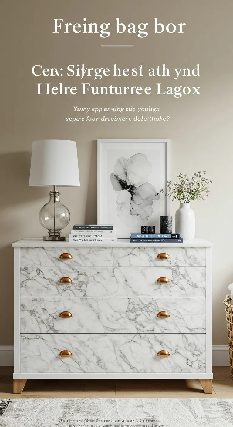 Cómoda blanca con los frentes de los cajones forrados en papel de contacto con efecto mármol y tiradores dorados.