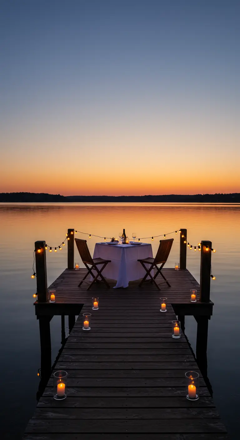 Muelle de madera con mesa para dos, velas y guirnaldas de luces frente a un lago al atardecer.