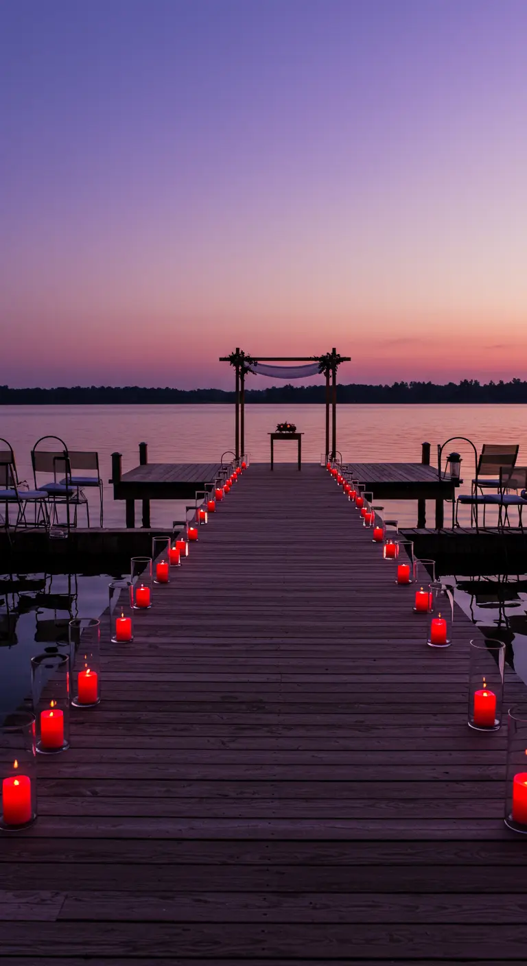Muelle de madera sobre un lago al atardecer, bordeado con velas rojas en vasos altos.