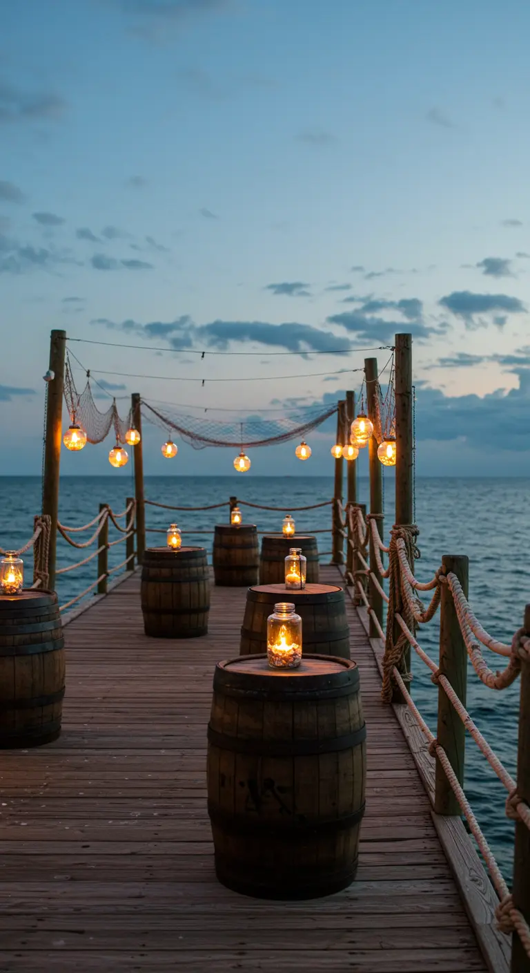 Muelle de madera decorado con barriles, farolillos y redes de pesca al atardecer.