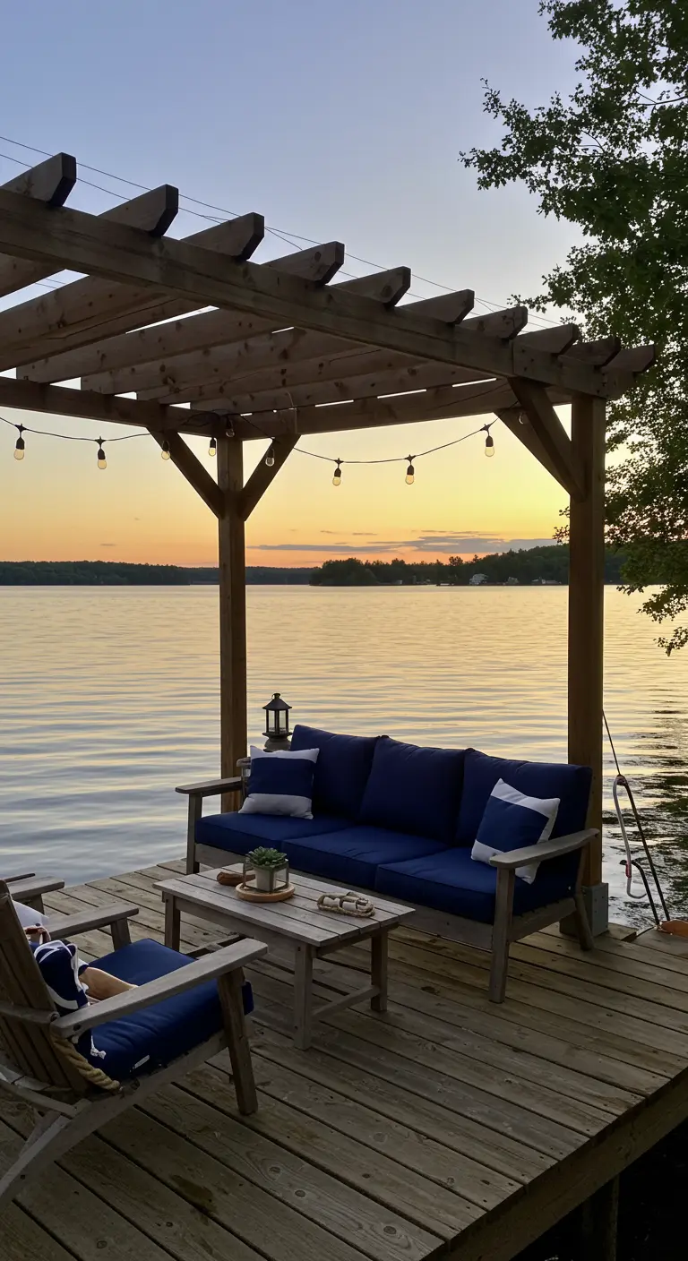 Pérgola de madera en un muelle sobre un lago con un sofá azul.