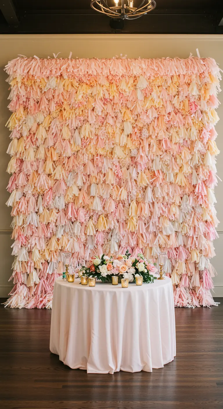 Pared completamente cubierta de borlas de papel de seda en tonos pastel, detrás de una mesa.
