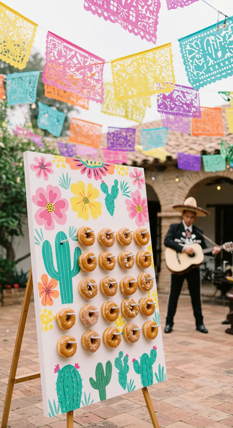 Pared de donuts blanca pintada con flores y cactus de colores vivos, en una fiesta mexicana.