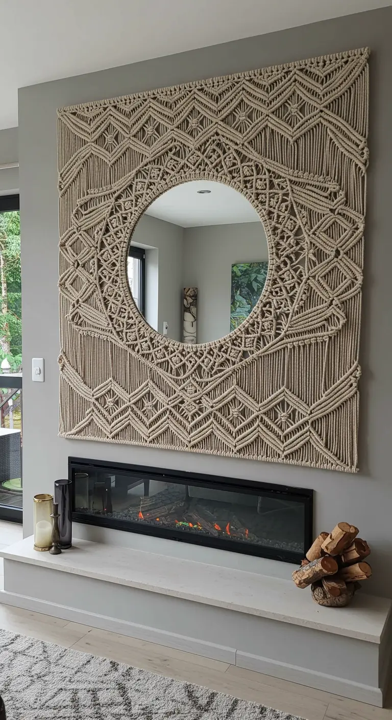 Gran tapiz de macramé cuadrado con un espejo redondo en el centro, sobre una chimenea.