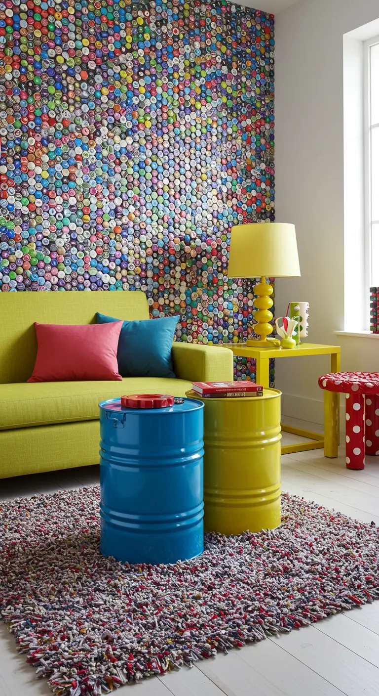 Pared cubierta con un mosaico de tapones de botella de colores y mesas hechas de barriles.