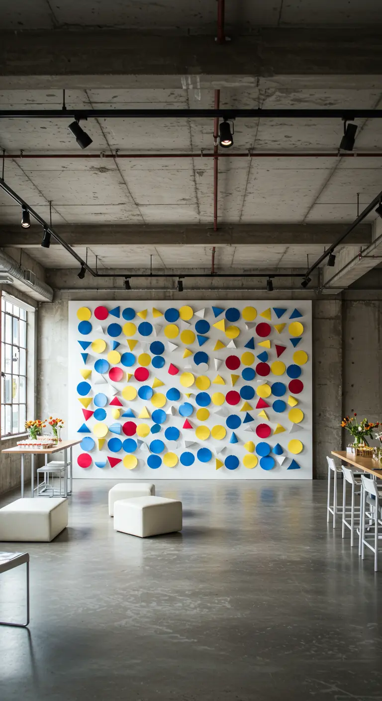 Pared decorada con formas geométricas de papel en azul, amarillo y rojo para una fiesta.