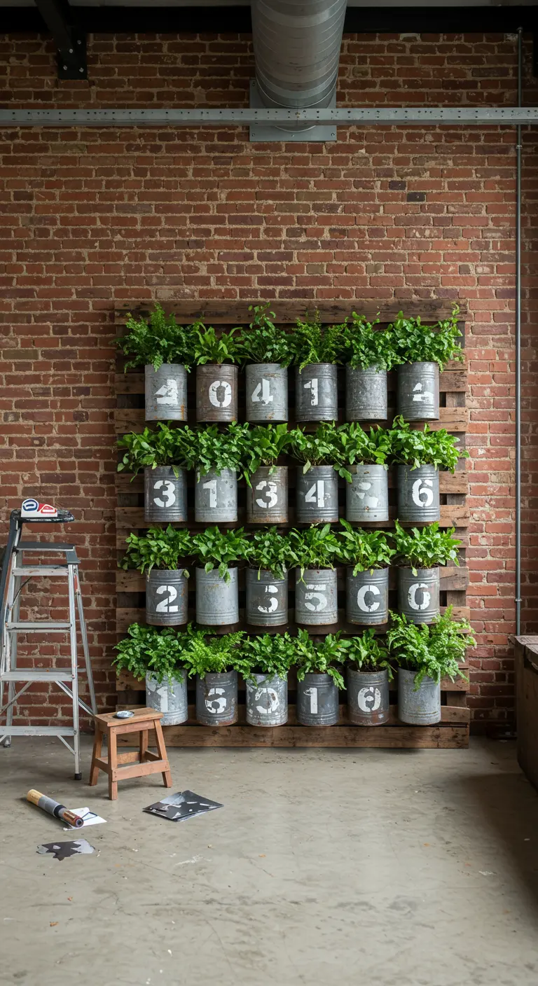 Jardín vertical hecho con un palé y latas metálicas numeradas con estilo industrial.