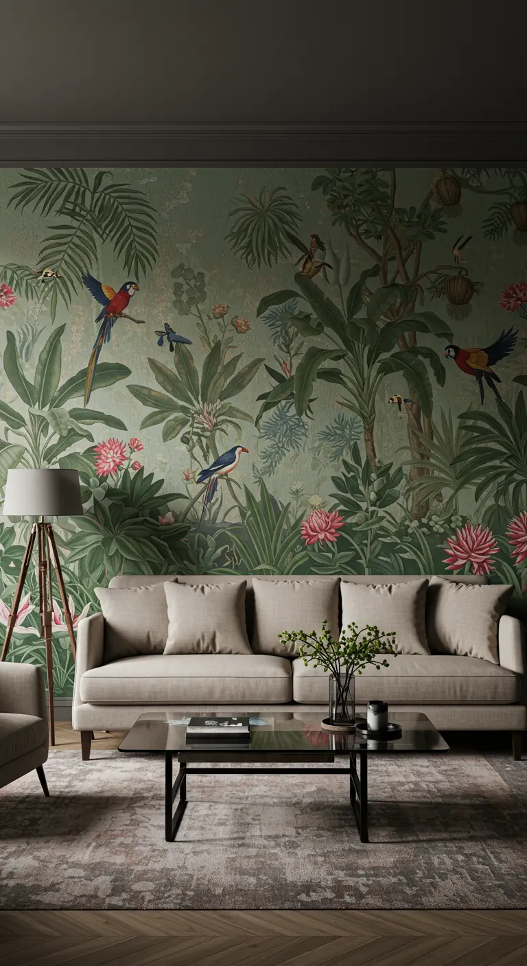 Sala con un gran mural de pared de jungla con pájaros exóticos.
