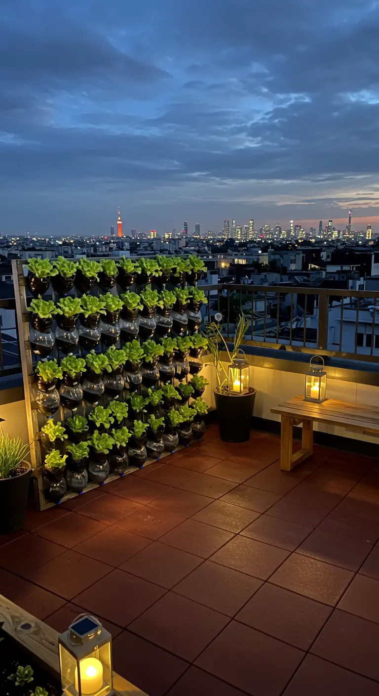 Gran huerto vertical hecho con botellas de plástico recicladas en una azotea urbana.