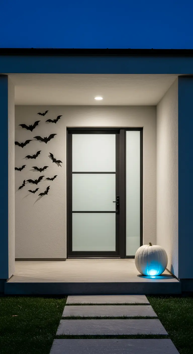 Porche moderno con murciélagos de papel negro en la pared y una calabaza blanca con luz azul.