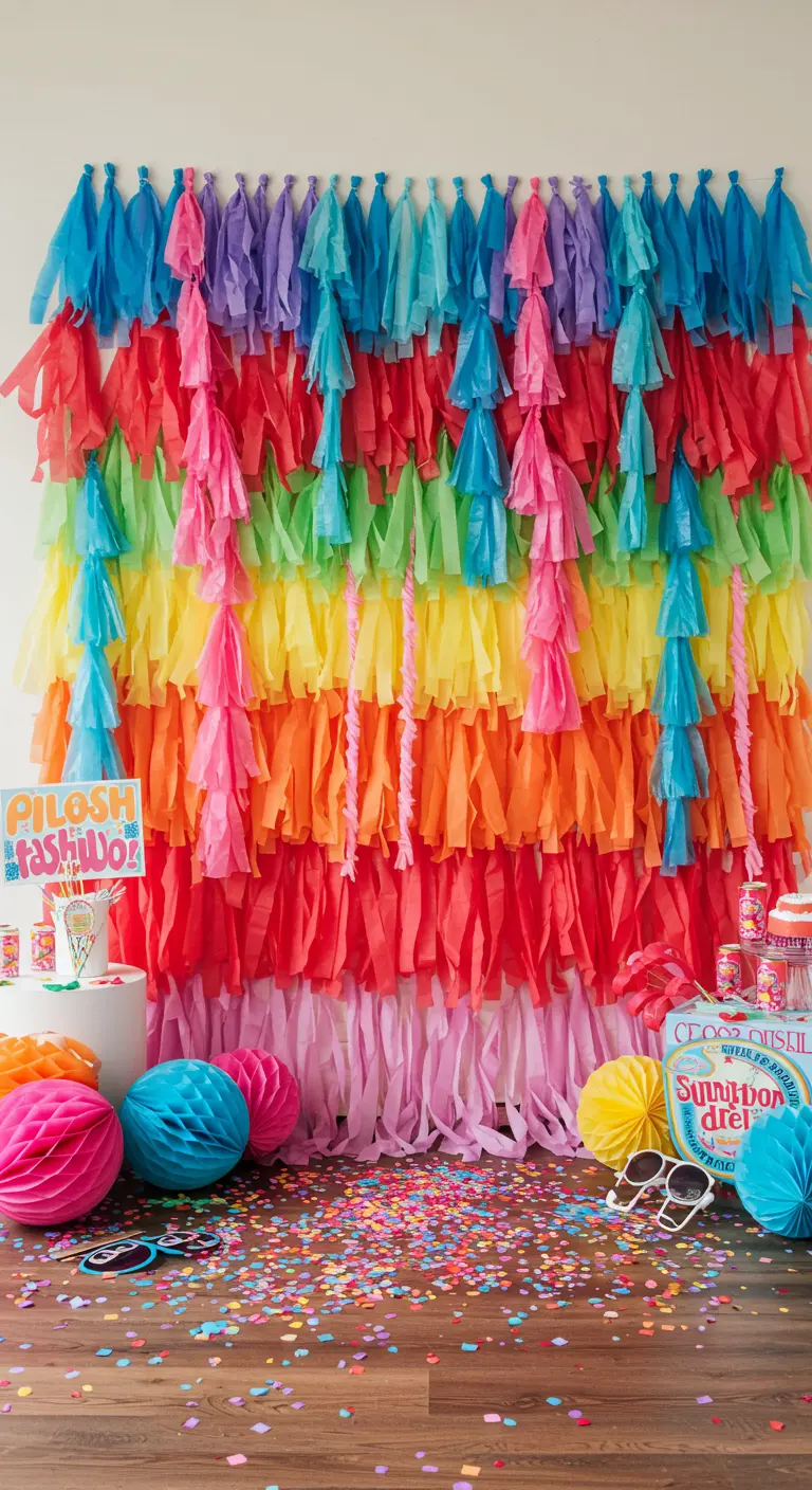 Pared completamente cubierta con capas de guirnaldas de borlas de papel de todos los colores.