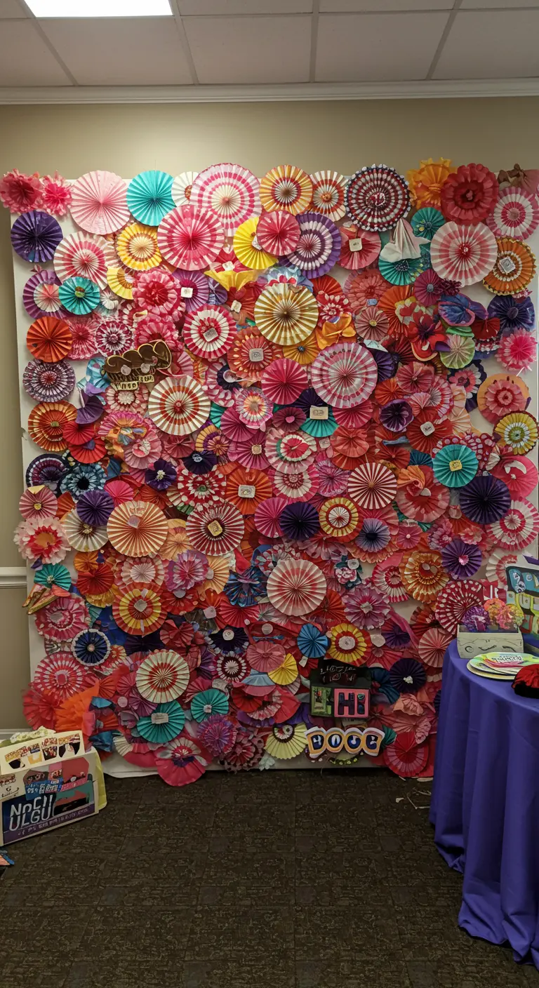 Pared cubierta completamente con abanicos de papel de múltiples colores y estampados.