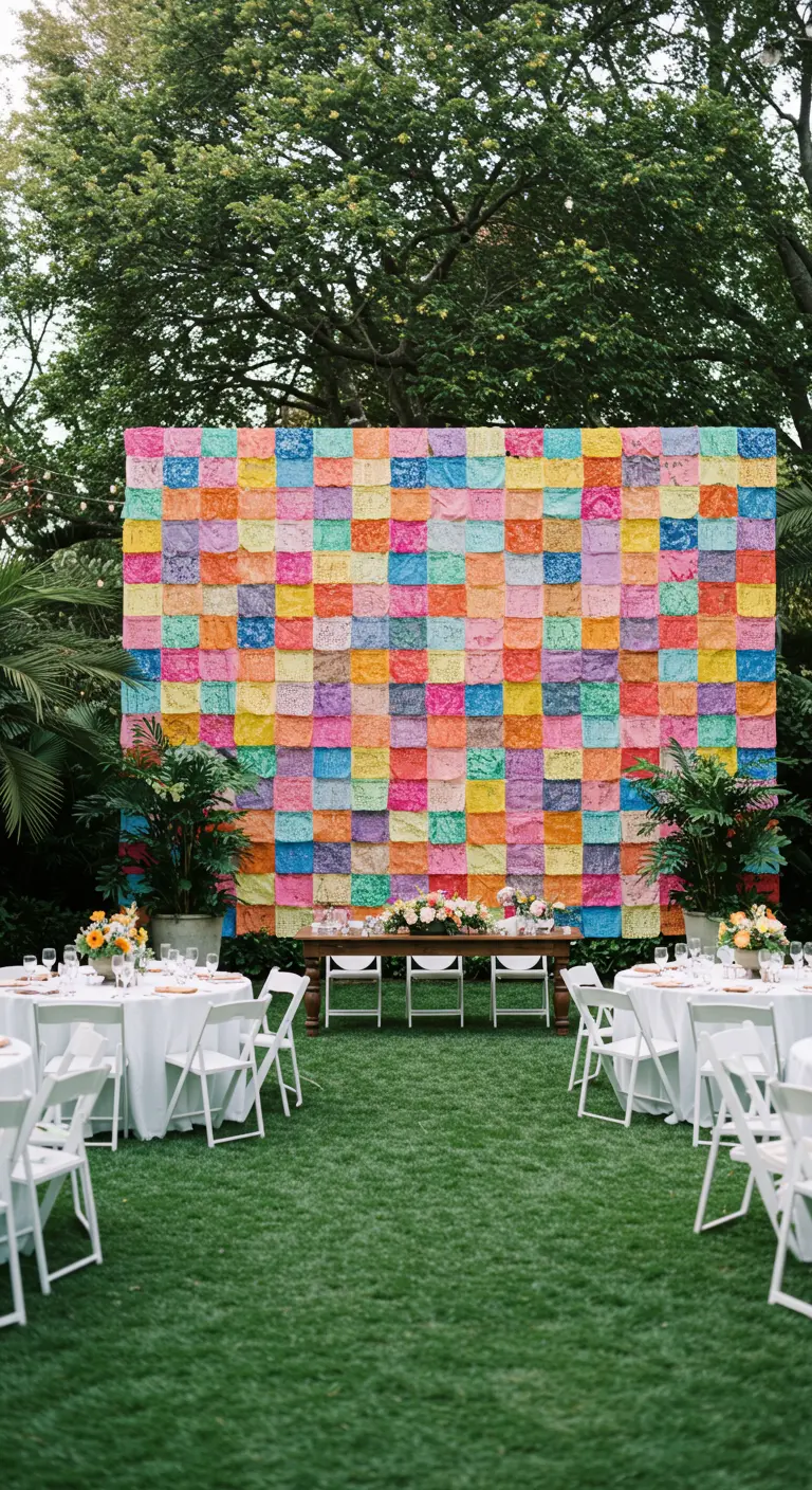 Gran pared cubierta con un mosaico de papel picado de colores para un fondo de fotos.
