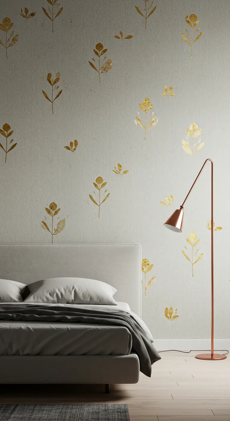 Pared decorada con un patrón floral dorado tras una cama blanca y una lámpara de pie de cobre.