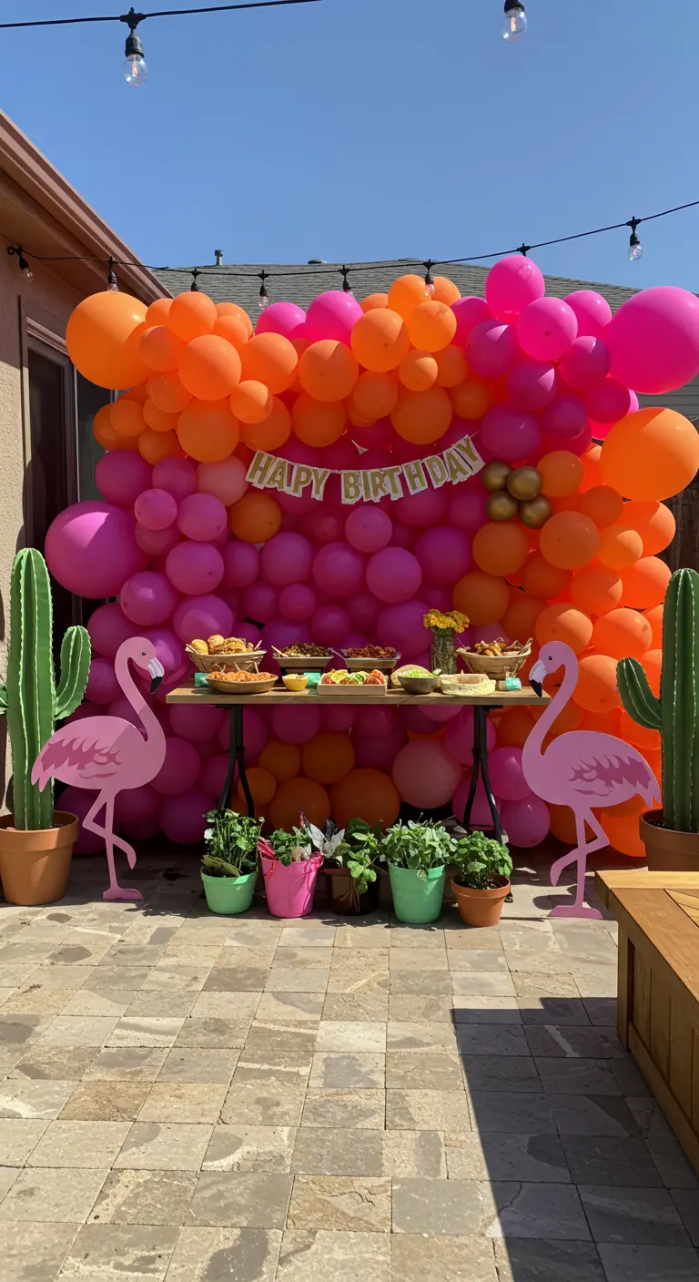 Pared completa de globos en tonos naranjas y rosas detrás de una mesa de snacks.