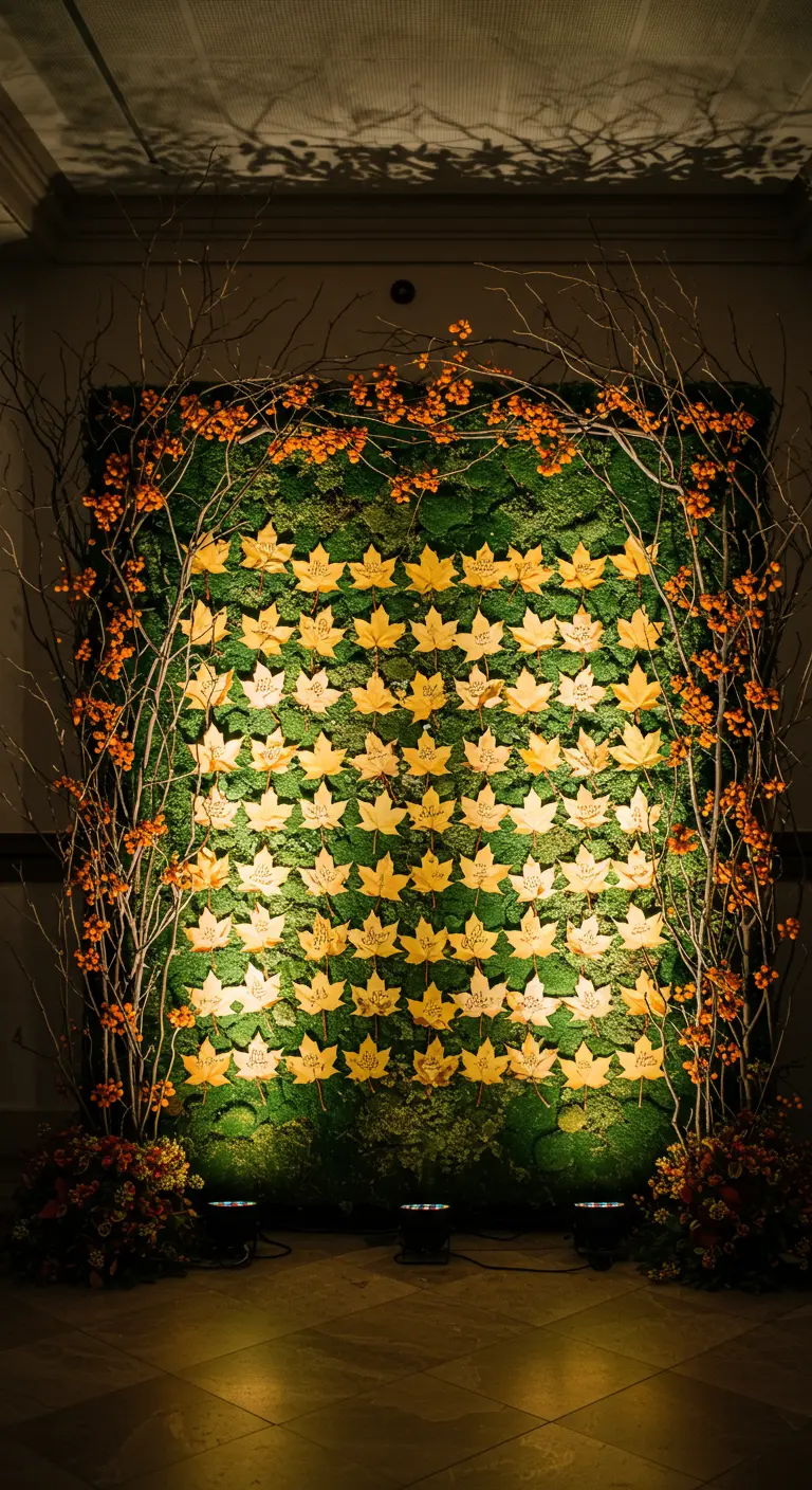 Panel de musgo verde con tarjetas en forma de hoja donde los invitados dejan mensajes.