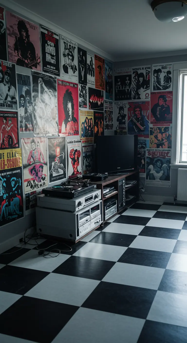 Habitación de adolescente de los 80 con paredes cubiertas de pósteres de bandas y suelo a cuadros.