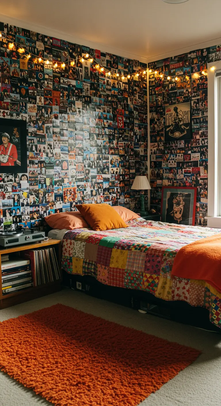 Pared de dormitorio completamente cubierta con un collage de fotos, pósters e imágenes iluminadas.